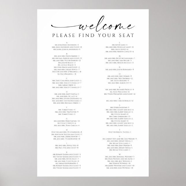 Simply Minimal Wedding Seating Chart Poster (Front)