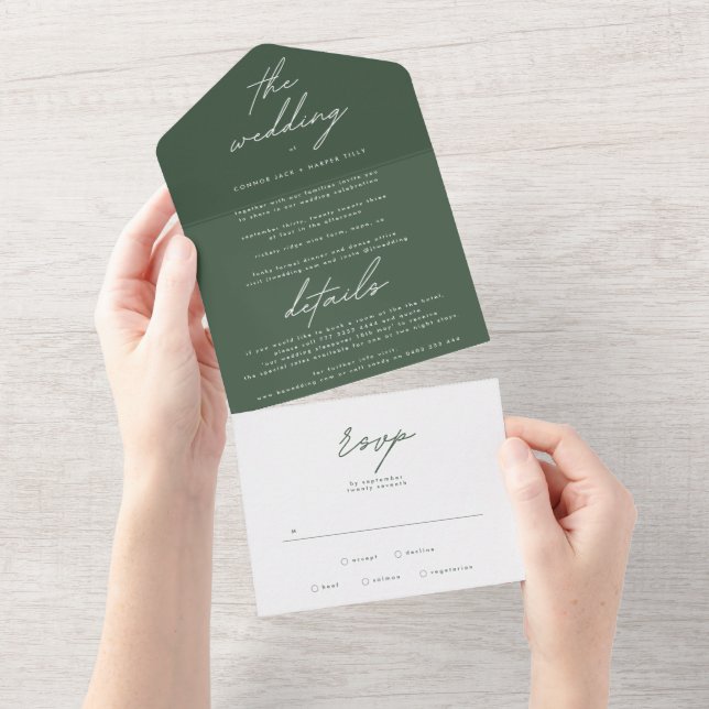 Simply Modern Dark Moss Green Wedding All In One Invitation (Tearaway)