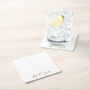 Simply Modern Gold Script Names Wedding Square Paper Coaster