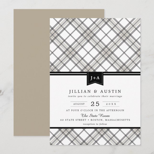 Simply Modern Plaid with Ribbon Monogram Wedding Invitation (Front/Back)