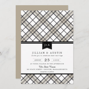 Simply Modern Plaid with Ribbon Monogram Wedding Invitation