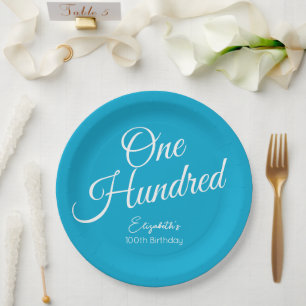 Simply Modern Script Aqua Blue 100th Birthday Paper Plate