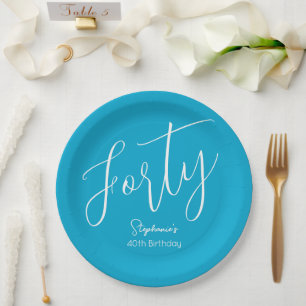 Simply Modern Script Aqua Blue 40th Birthday Party Paper Plate
