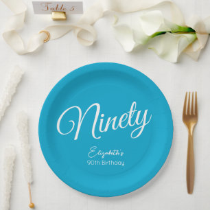 Simply Modern Script Aqua Blue 90th Birthday Party Paper Plate