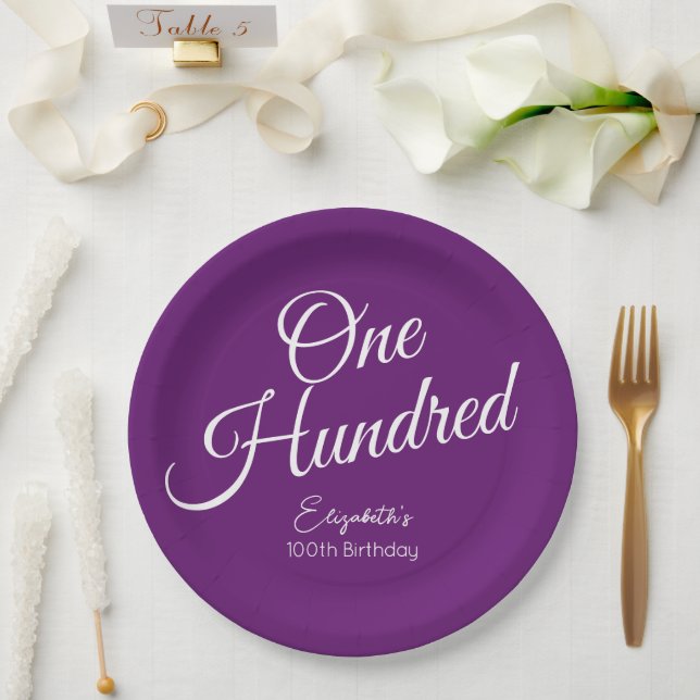 Simply Modern Script Autumn Purple 100th Birthday Paper Plate (Wedding)