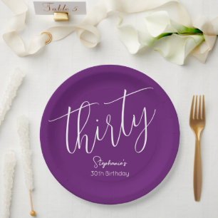 Simply Modern Script Autumn Purple 30th Birthday Paper Plate