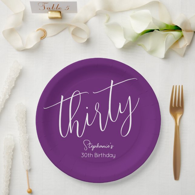 Simply Modern Script Autumn Purple 30th Birthday Paper Plate (Wedding)