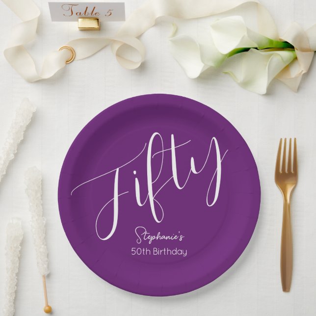 Simply Modern Script Autumn Purple 50th Birthday Paper Plate (Wedding)