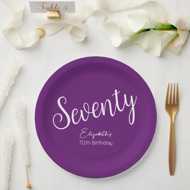 Simply Modern Script Autumn Purple 70th Birthday Paper Plate (Wedding)