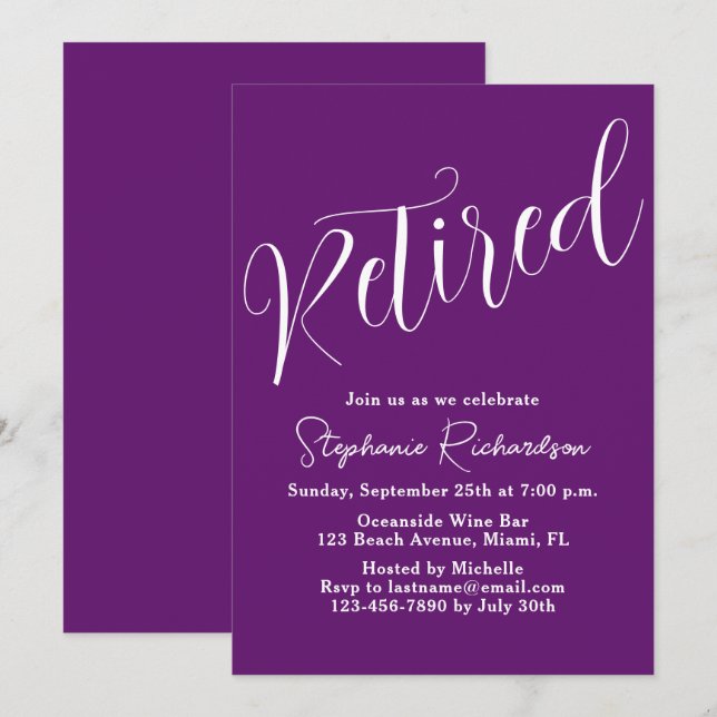 Simply Modern Script Autumn Purple Retirement Invitation (Front/Back)