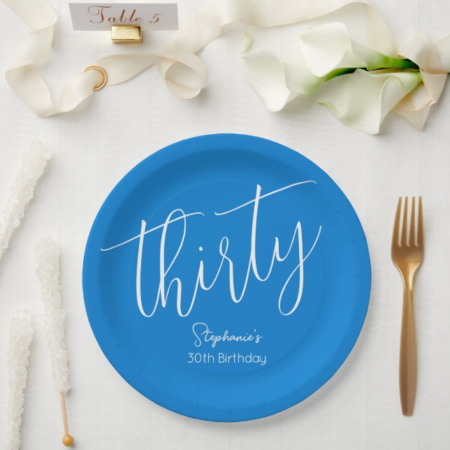 Simply Modern Script Blue 30th Birthday Party Paper Plate (Wedding)