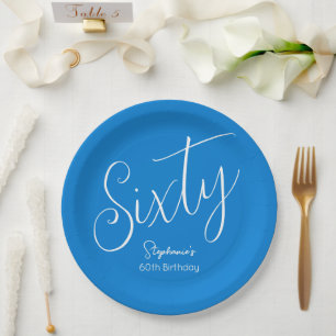 Simply Modern Script Blue 60th Birthday Paper Plate
