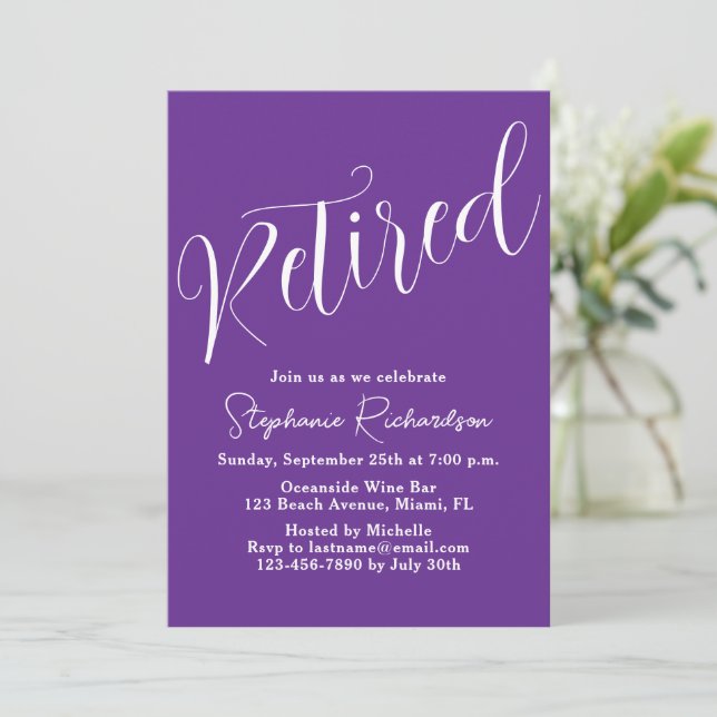 Simply Modern Script Dark Purple Retirement Invitation (Standing Front)