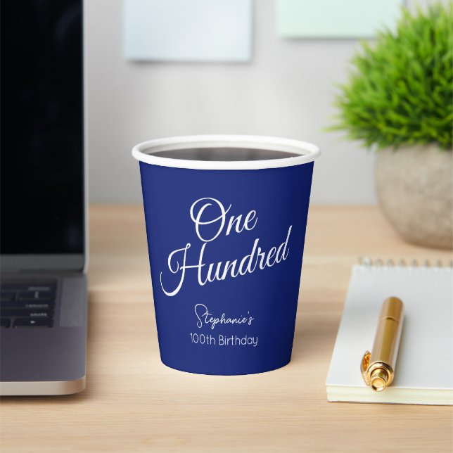 Simply Modern Script Navy Blue 100th Birthday Paper Cups (Insitu)