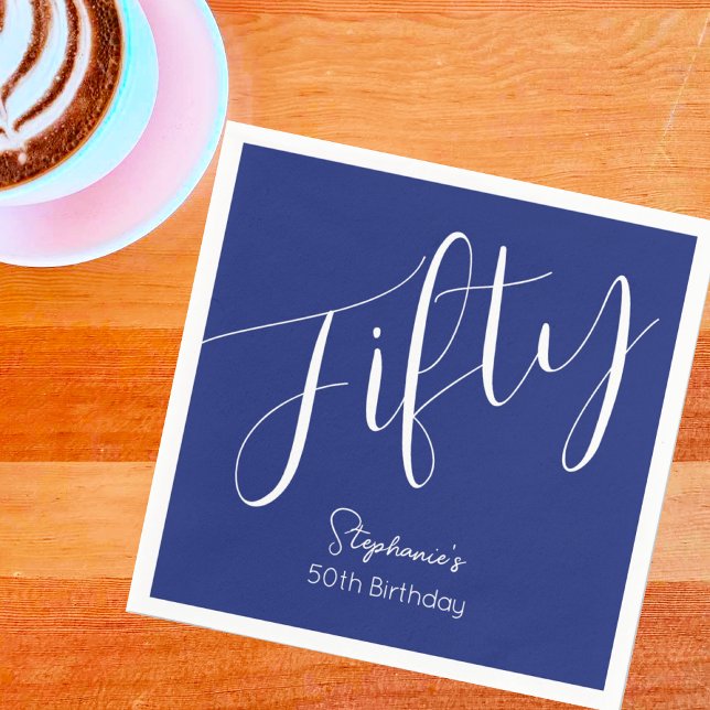 Simply Modern Script Navy Blue 50th Birthday Napkin (Creator Uploaded)