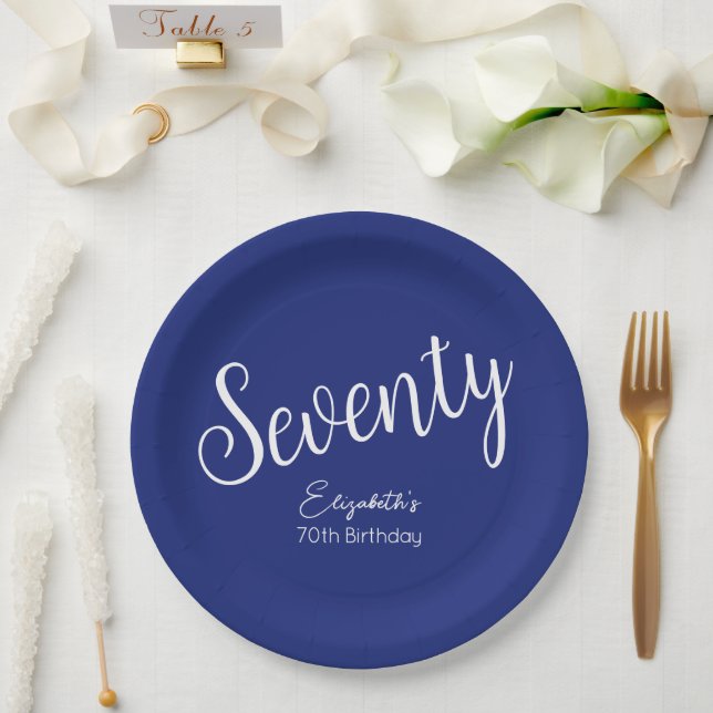 Simply Modern Script Navy Blue 70th Birthday Paper Plate (Wedding)
