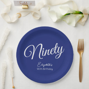 Simply Modern Script Navy Blue 90th Birthday Party Paper Plate