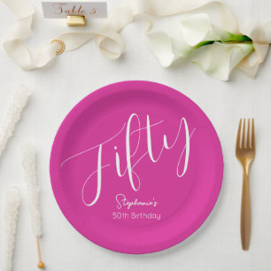 Simply Modern Script Pink 50th Birthday Paper Plate