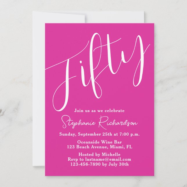 Simply Modern Script Pink 50th Birthday Party Invitation (Front)