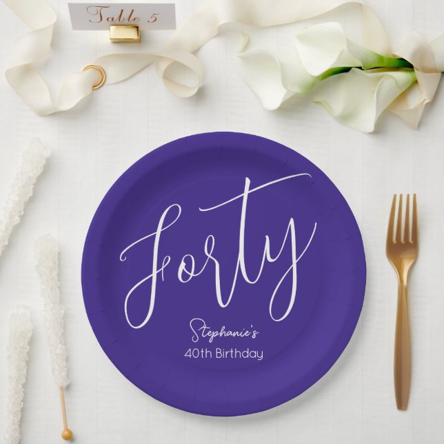 Simply Modern Script Purple 40th Birthday Party Paper Plate (Wedding)