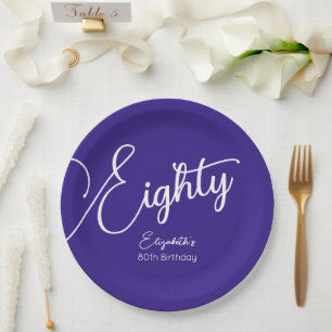Simply Modern Script Purple 80th Birthday Party Paper Plate