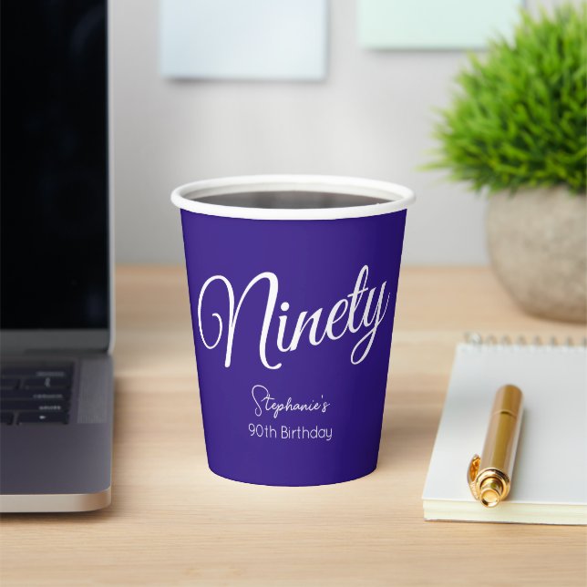 Simply Modern Script Purple 90th Birthday Party Paper Cups (Insitu)