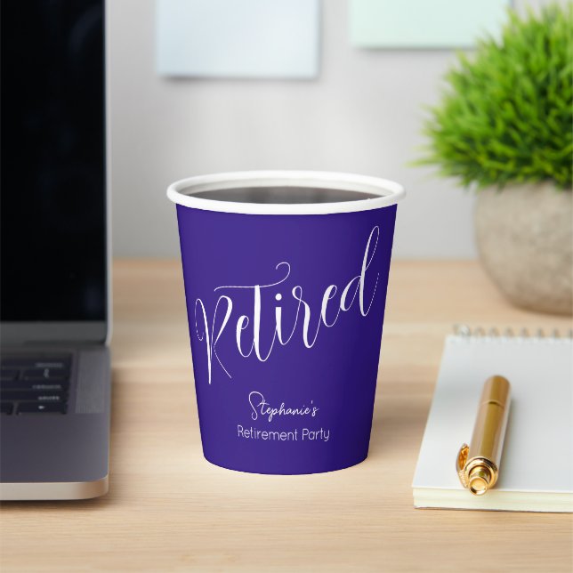 Simply Modern Script Purple Retirement Party Paper Cups (Insitu)
