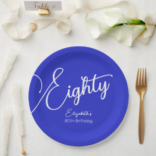 Simply Modern Script Royal Blue 80th Birthday Paper Plate