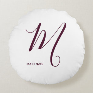 Simply Monogrammed Burgundy Letter M White Round Pillow