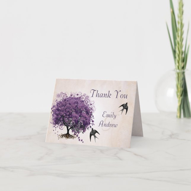 Simply Peachy Purple Heart Tree Wedding Thank You (Front)