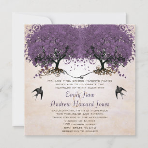 Simply Peachy Purple Vintage Heart Leaf Tree Invitation
