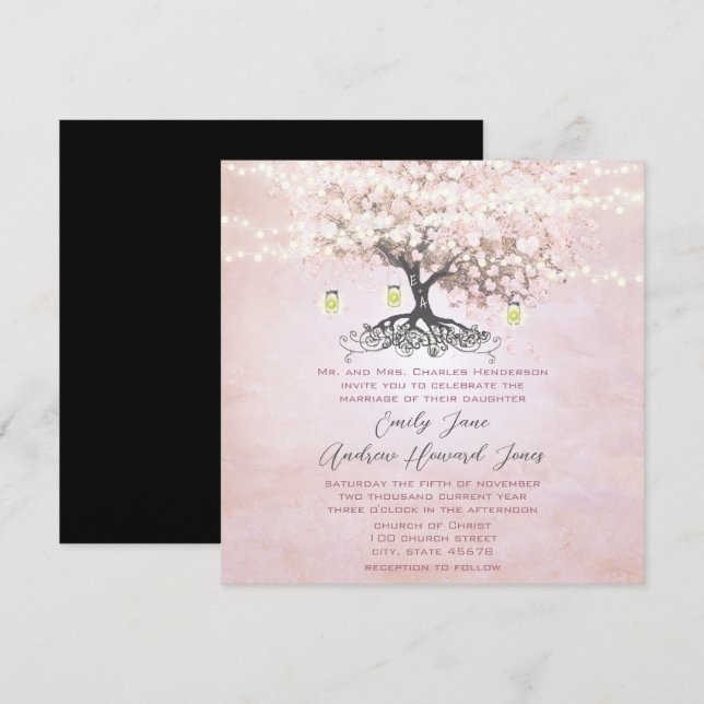 Simply Pink Heart Leaf Tree Forest Grove Wedding Invitation (Front/Back)