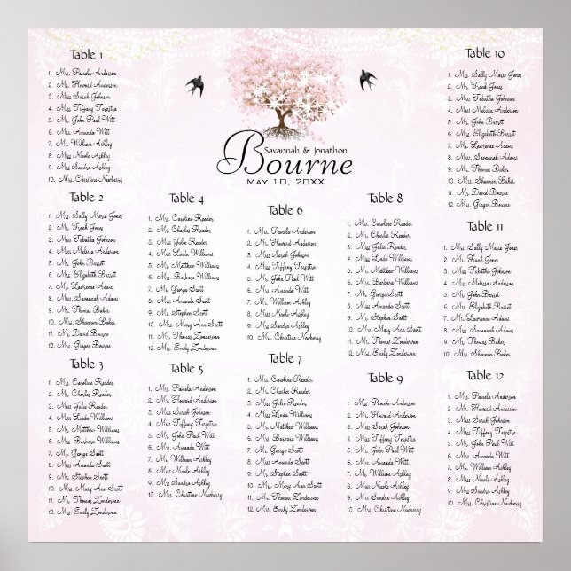 Simply Pink Heart Leaf Tree Love Bird Wedding Poster (Front)