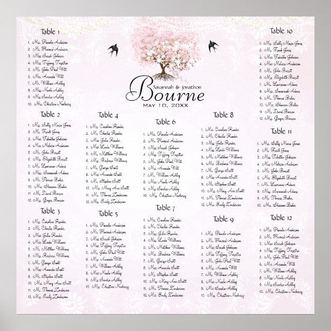 Simply Pink Heart Leaf Tree Love Bird Wedding Poster (Front)