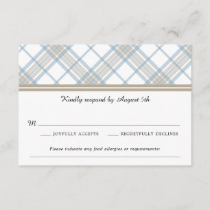 Simply Plaid Blue & Tan  Wedding RSVP Card