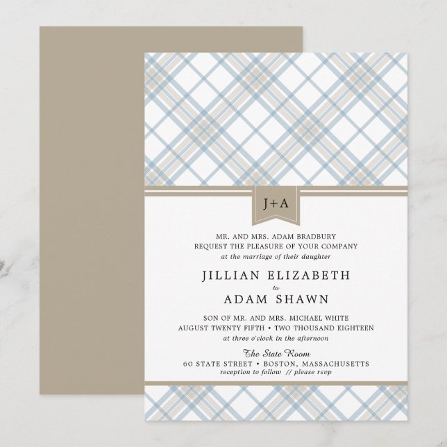 Simply Plaid Blue & Tan with Monogram Wedding Invitation (Front/Back)