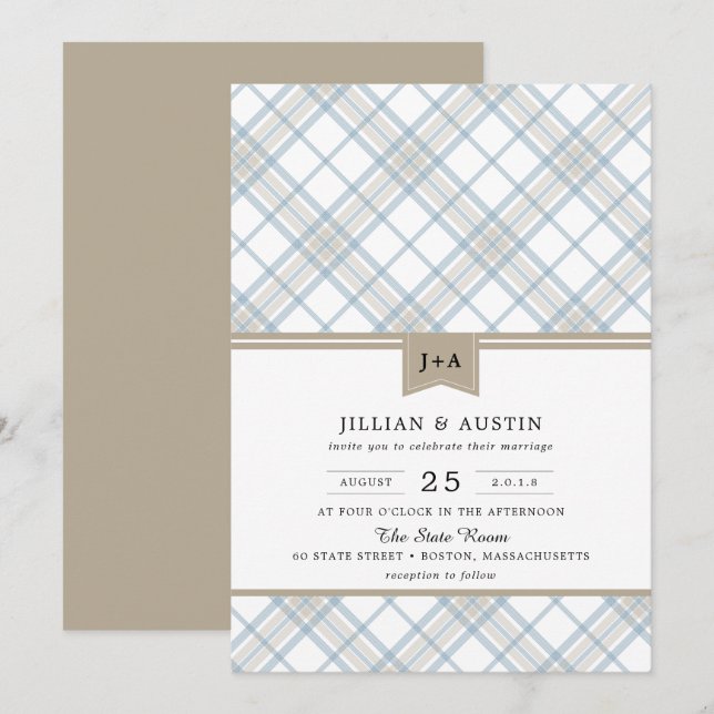 Simply Plaid Blue & Tan with Monogram Wedding Invitation (Front/Back)