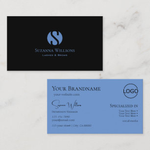 Simply Plain Black Blue with Monogram and Logo Business Card