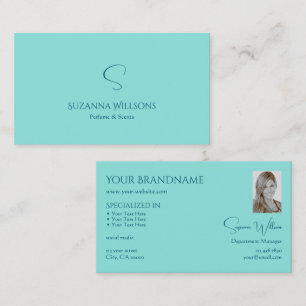 Simply Plain Teal with Monogram and Photo Modern Business Card