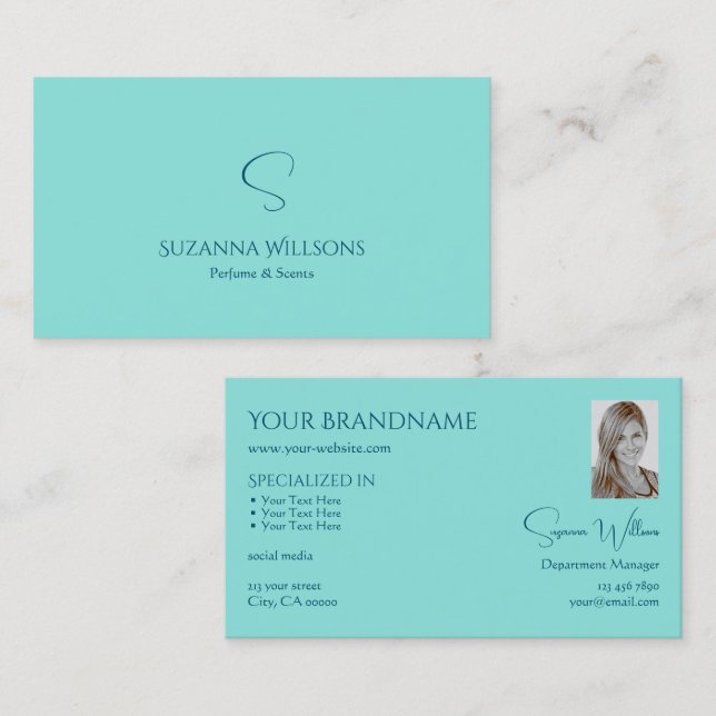 Simply Plain Teal with Monogram and Photo Modern Business Card (Front/Back)