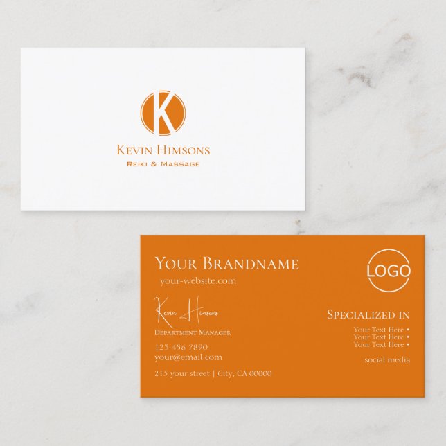 Simply Plain White Orange with Monogram and Logo Business Card (Front/Back)