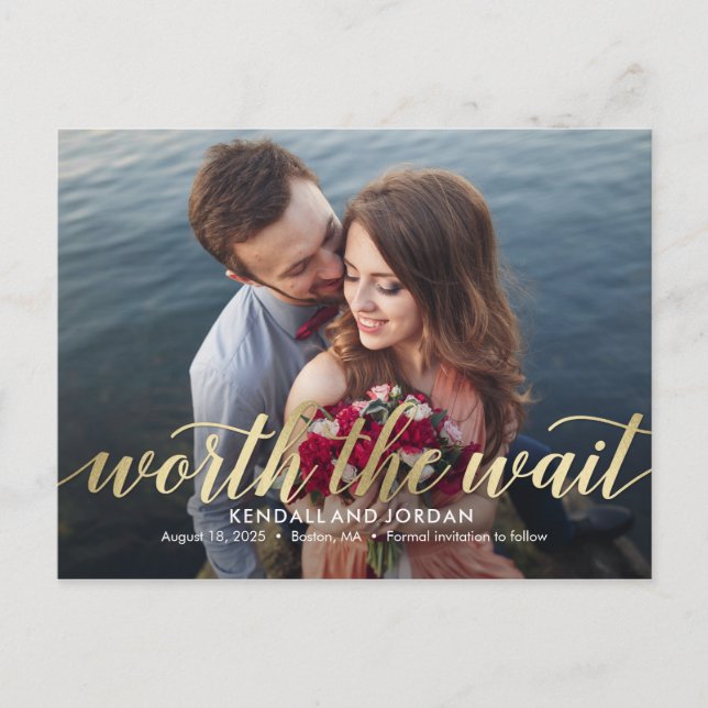 Simply Romantic Worth The Wait Save The Date Postcard (Front)