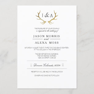 Simply Rustic Gold Antler Elegant Wedding Invitation