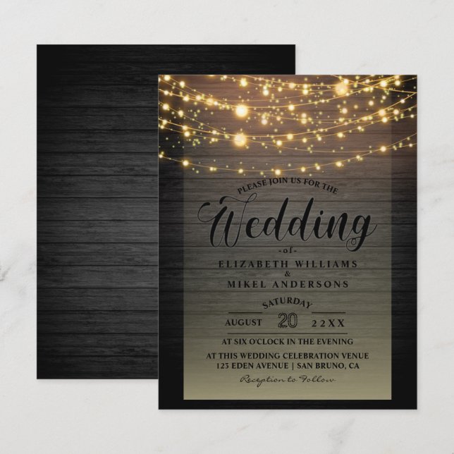Simply Rustic Wood Dark Lights String wedding Invitation (Front/Back)