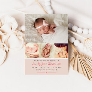 Simply Sweet Blush Pewter Baby Girl Collage Birth Announcement