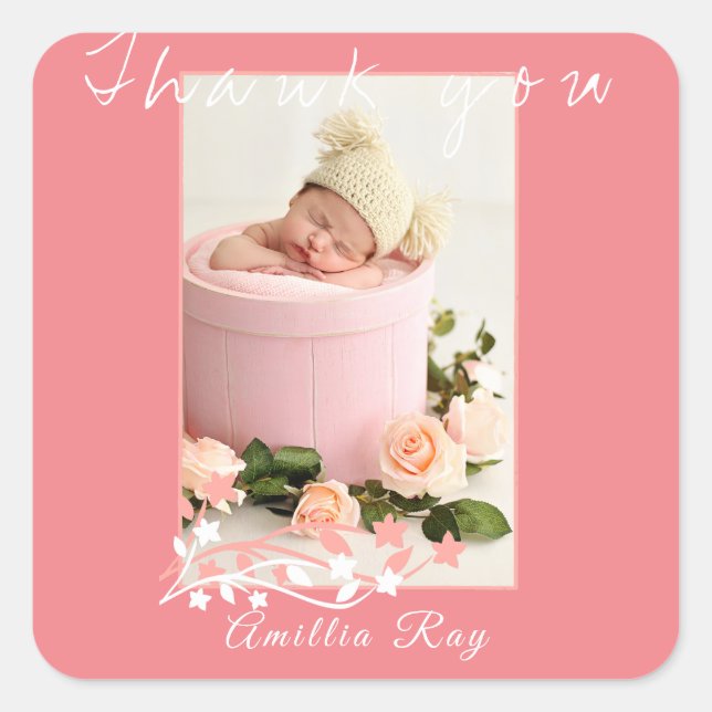 Simply Sweet Pink Baby Girl Photo  thank you Square Sticker (Front)