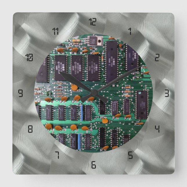 Simulated Brushed Aluminum PCB Black LED Square Wall Clock (Front)