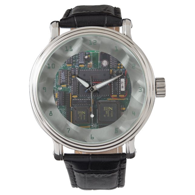 Simulated Brushed Aluminum PCB Green PCB Font Watch (Front)