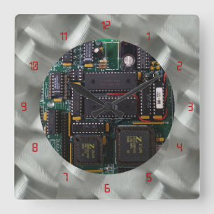Simulated Brushed Aluminum PCB Red LED Square Wall Clock