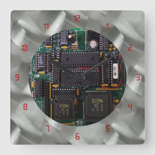 Simulated Brushed Aluminum PCB Red LED Square Wall Clock (Front)